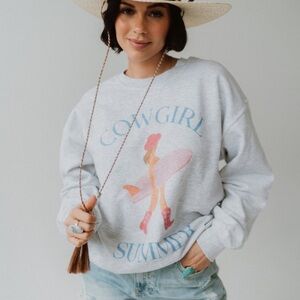 Cowgirl Summer Graphic White Sweatshirt Western Rodeo Surfing Sz S/M Cotton